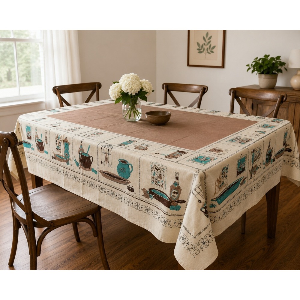 Vintage Falflax Linen Tablecloth Gourmet 52x70 Brown Turquoise MCM Hand Printed